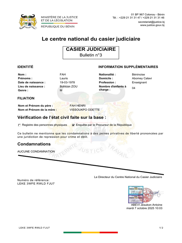 Bulletin n°3 du casier judiciaire de Lauris FAH | PDF | Justice | Crime ...