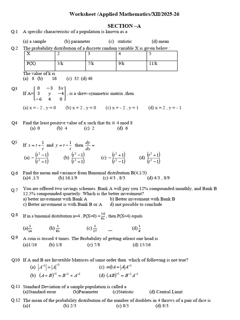 Applied Mathematics Worksheet for XII 2025-26 | PDF | Probability ...