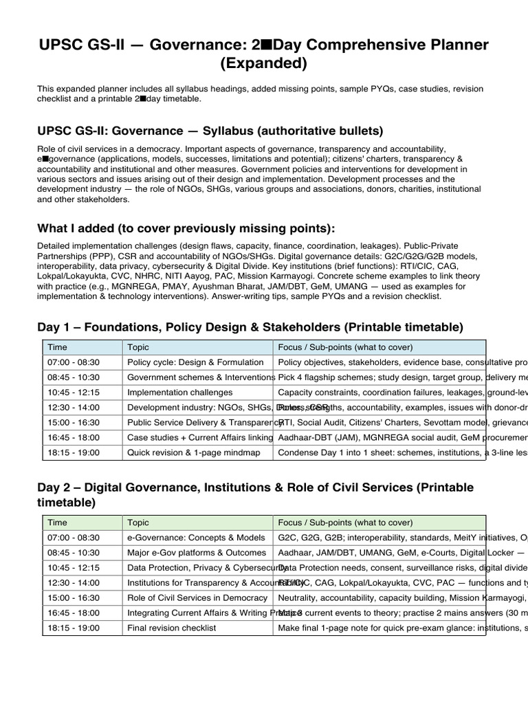 UPSC Governance 2 Day Planner Expanded PDF | PDF | Governance | Government