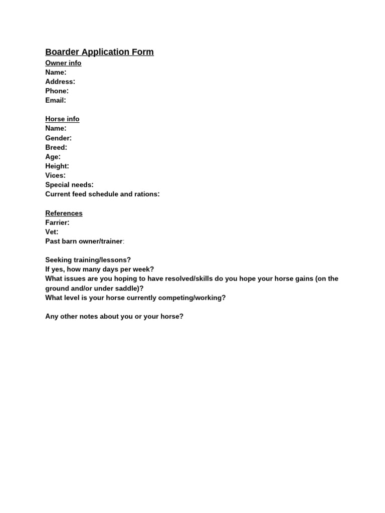 Horse Boarding Application Form | PDF