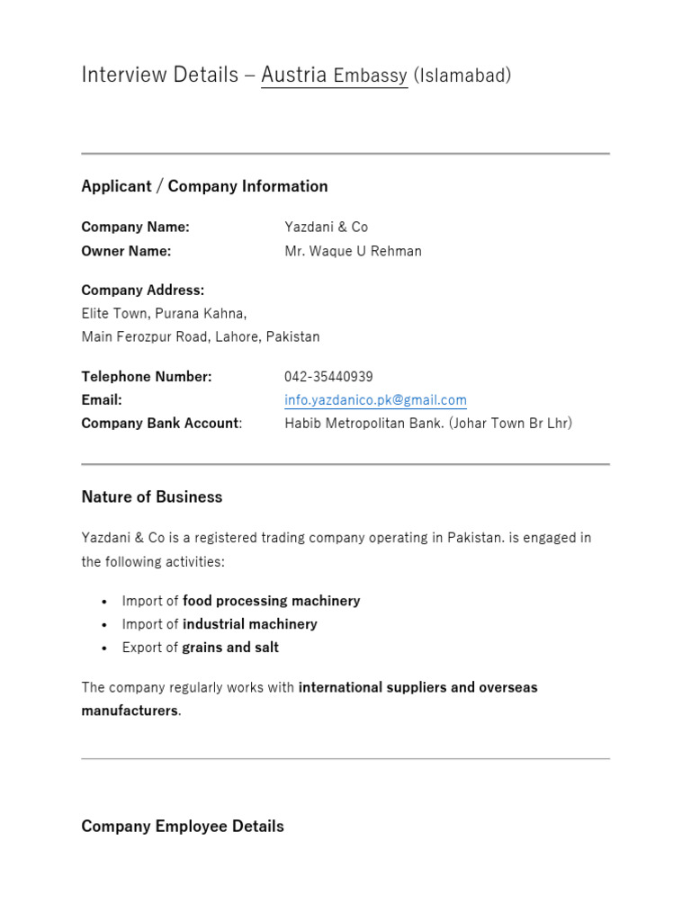Austria Embassy Interview for Yazdani & Co | PDF