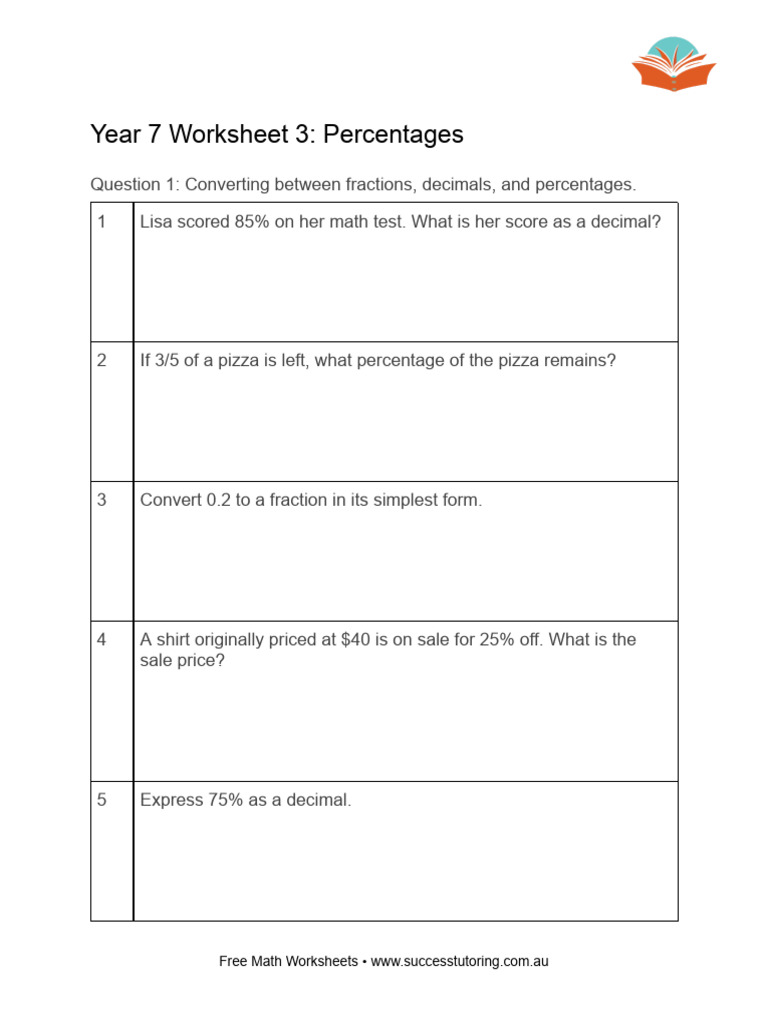 Year 7 Percentages Math Worksheet | PDF | Percentage | Investing