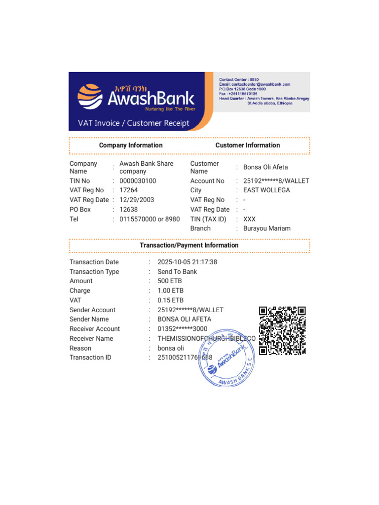 Awash Bank Transaction Details | PDF