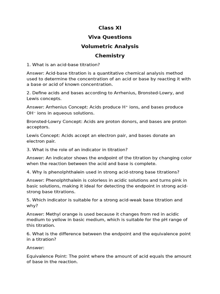 Class XI Chemistry: Volumetric Analysis Guide | PDF | Titration | Chemistry