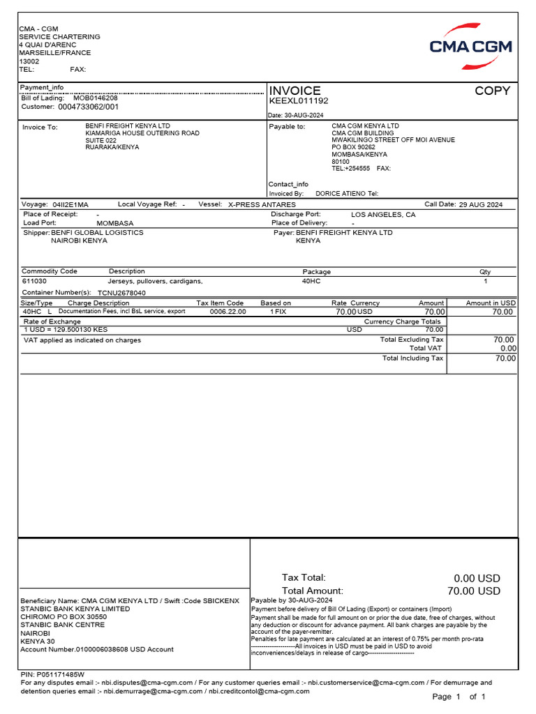 Invoice for CMA CGM Freight Services | PDF | Cargo | Bill Of Lading