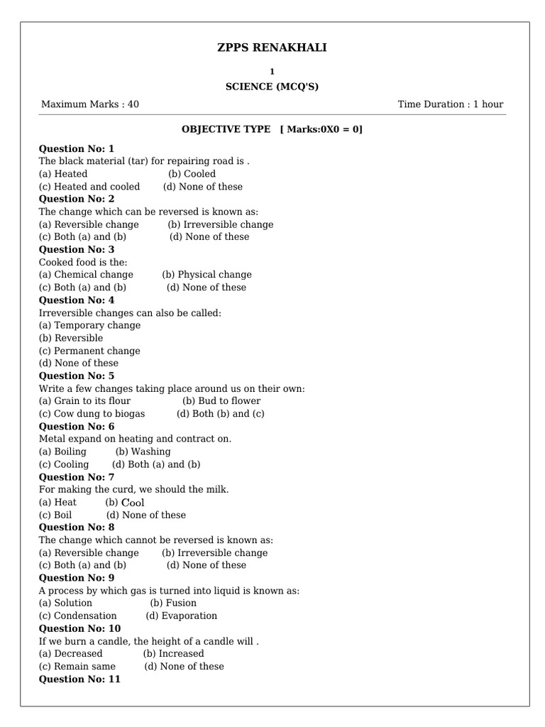 Science MCQs on Physical Changes | PDF | Evaporation | Melting