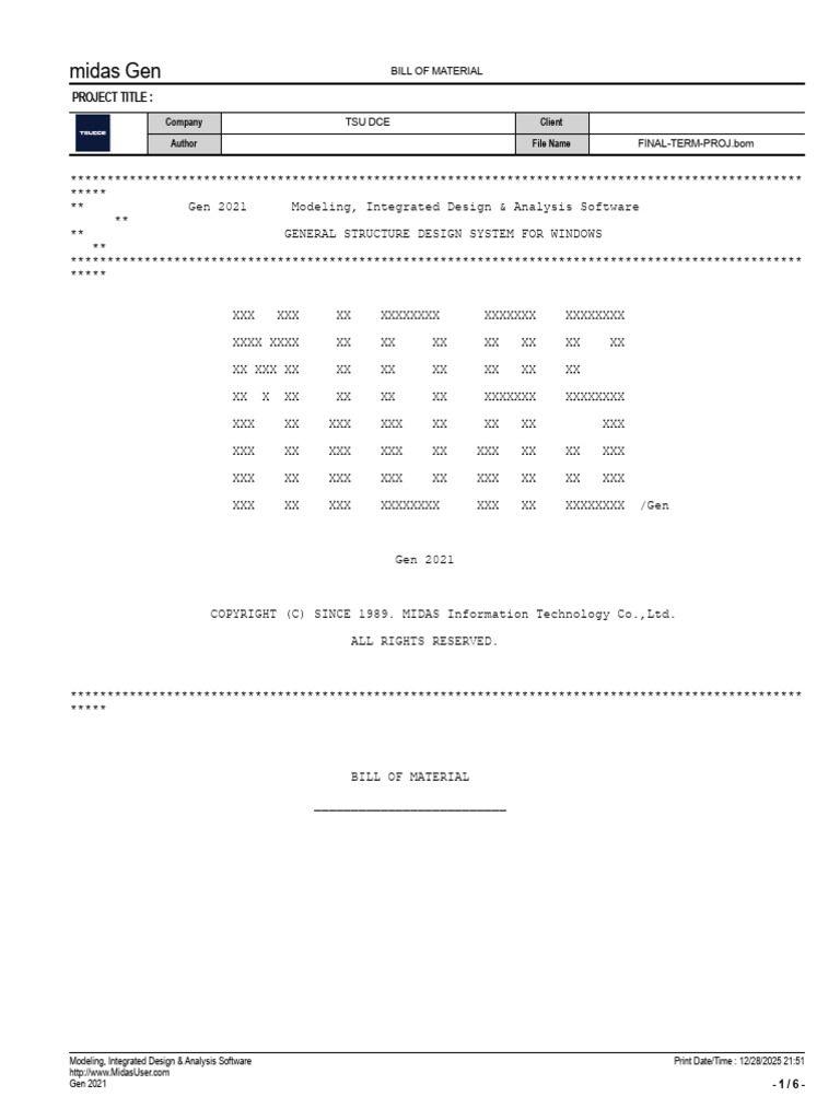 Midas Gen 2021 Bill of Materials | PDF | Structural Engineering