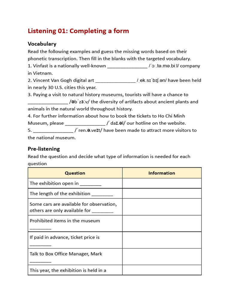 Vocabulary Practice for Forms Completion | PDF | Museum