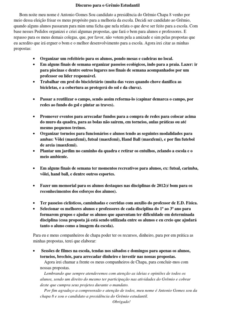Propostas para o Grêmio Estudantil 2024 | PDF | Voleibol | Escolas