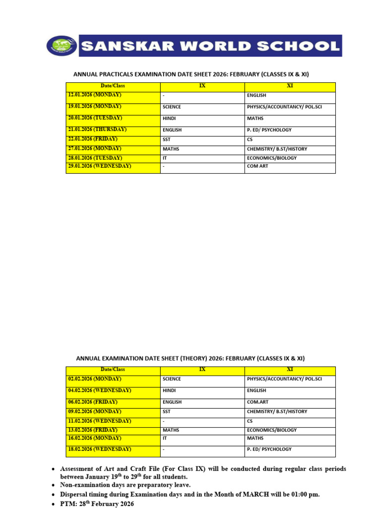 2026 Annual Exam Date Sheet for IX & XI | PDF