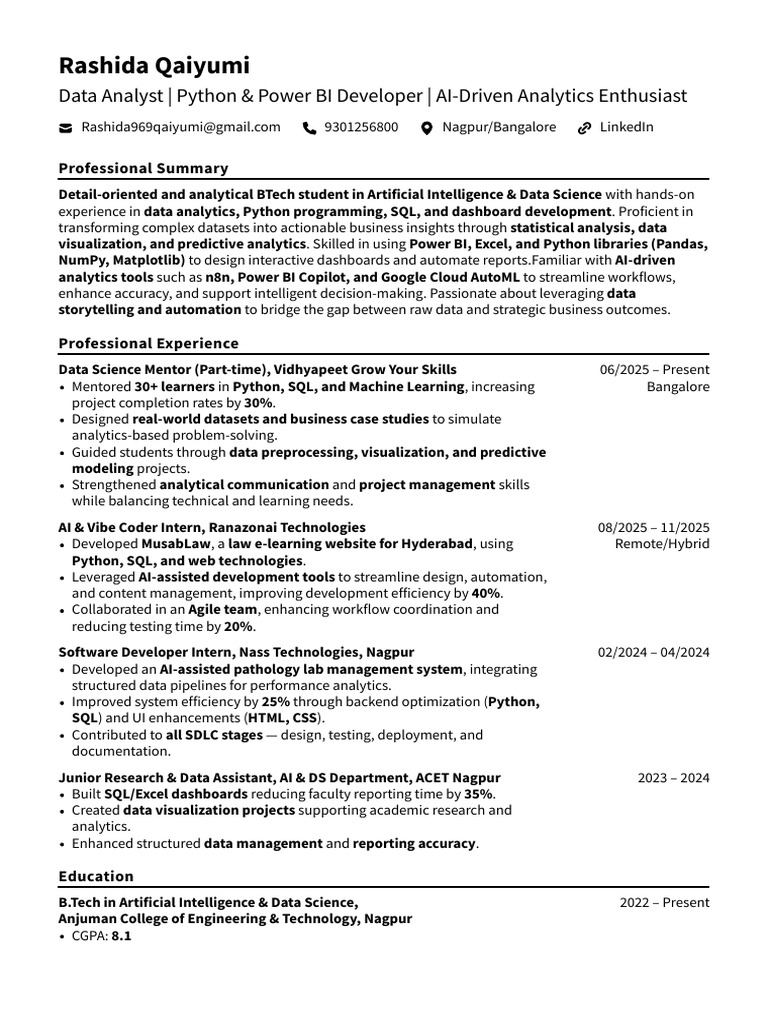 Data Analyst & AI Developer Resume | PDF | Analytics | Artificial ...