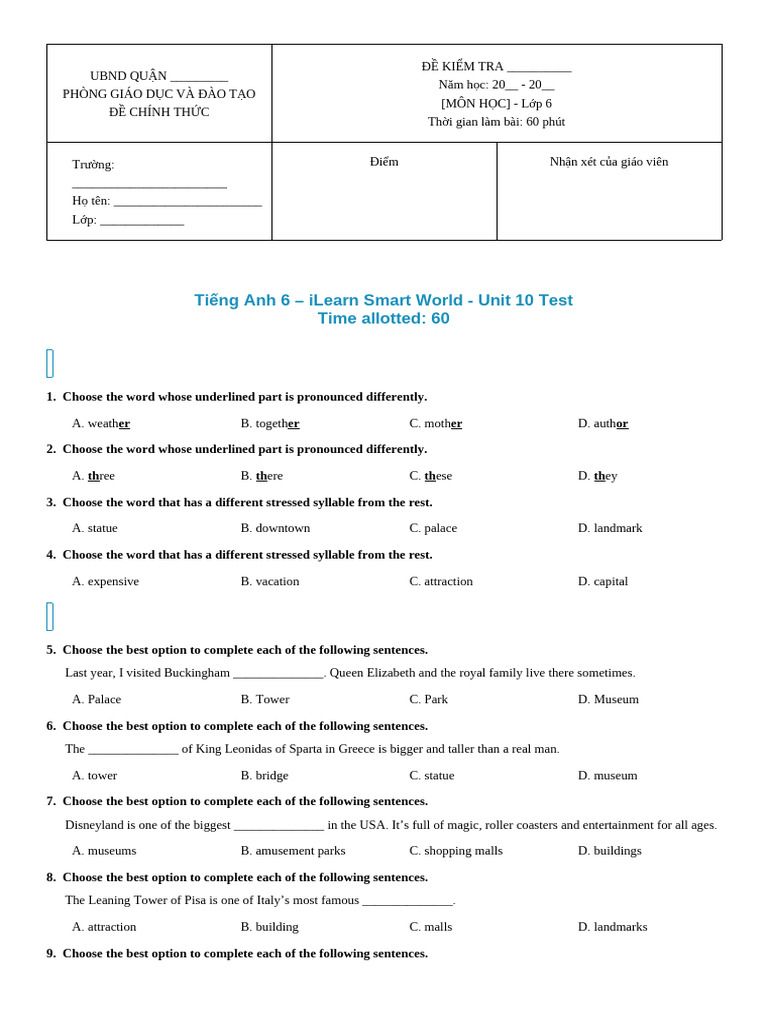 English Test for Grade 6 - Unit 10 | PDF | Shanghai