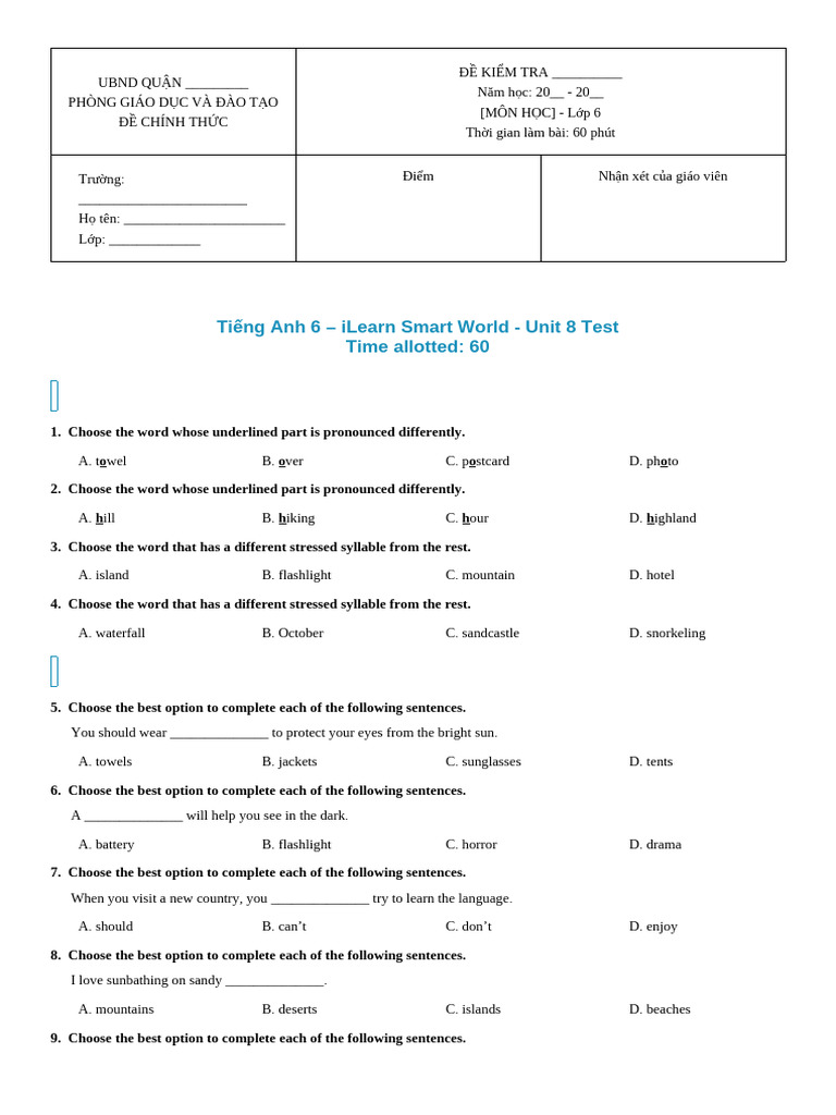 English Test for Grade 6 - Unit 8 | PDF