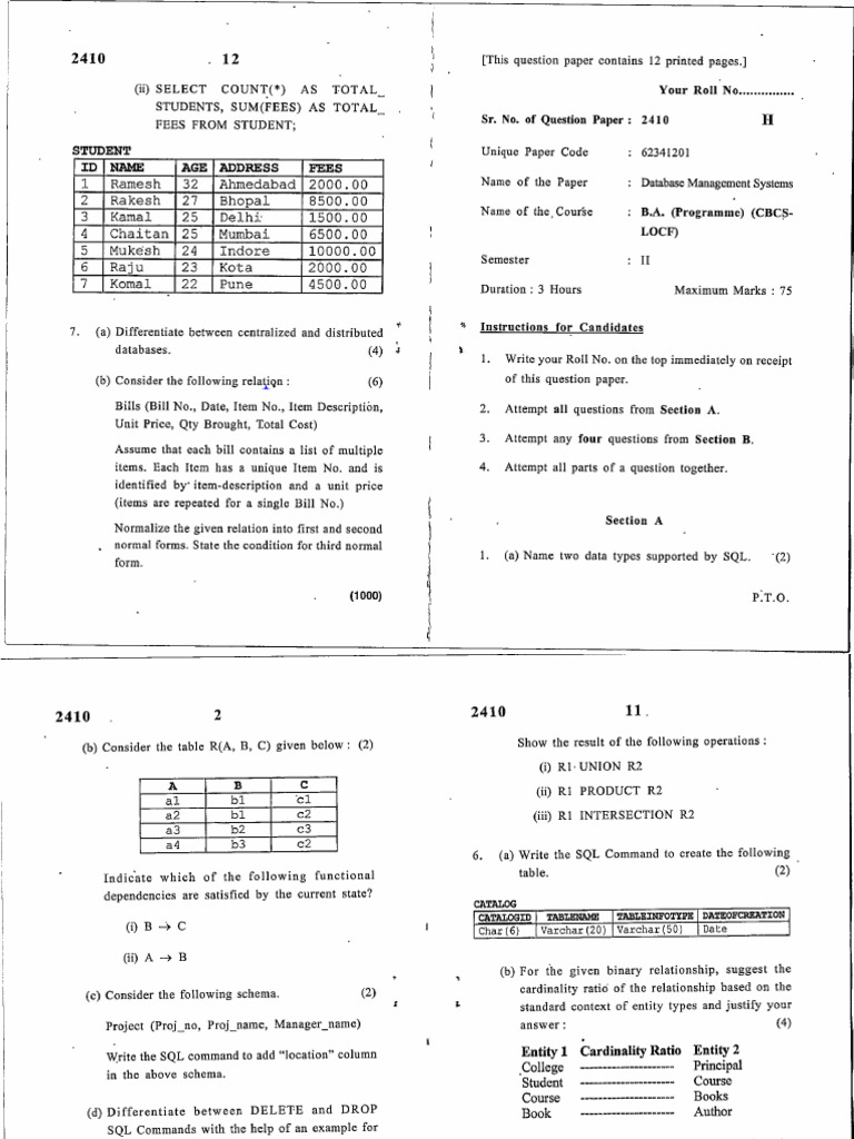 Database Management Systems Exam Paper | PDF