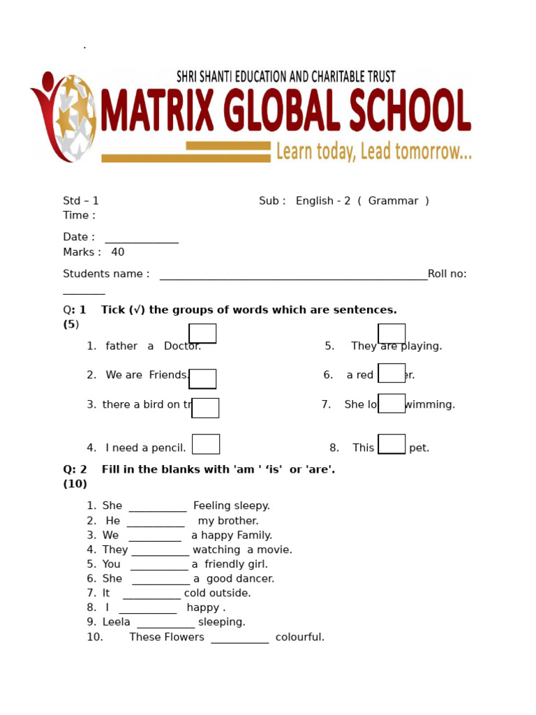 English Grammar Worksheet for Std 1 | PDF
