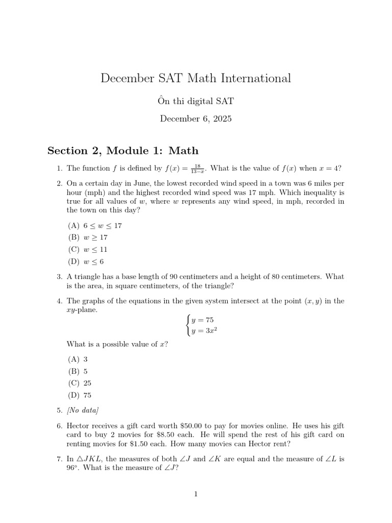 December 2025 SAT Math Practice Questions | PDF | Circle | Function ...