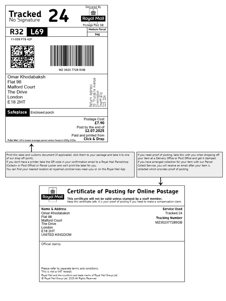 Royal Mail Tracked 24 Delivery Label | PDF