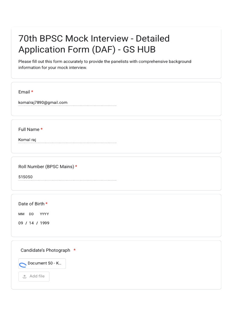 70th BPSC Mock Interview Application Form | PDF