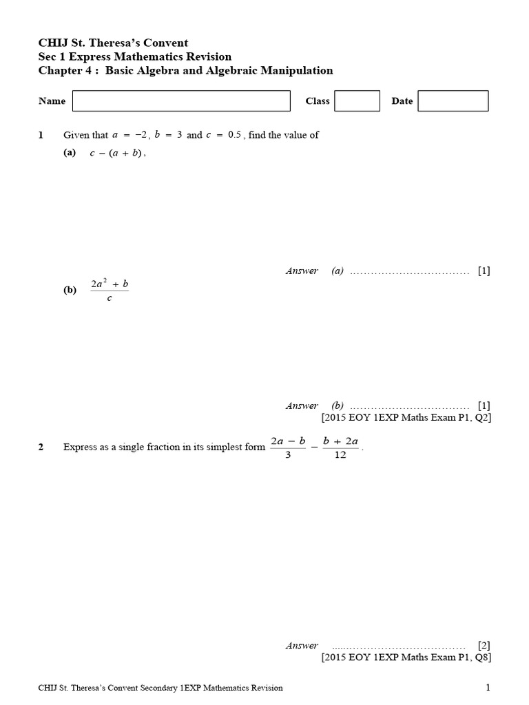 Sec 1 Express Maths Revision: Algebra | PDF | Body Mass Index | Mathematics
