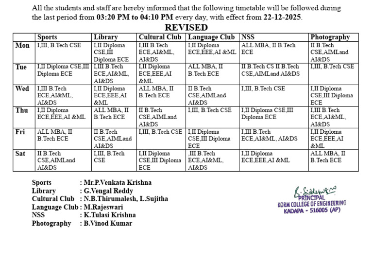 Revised Timetable for Clubs and Sports | PDF