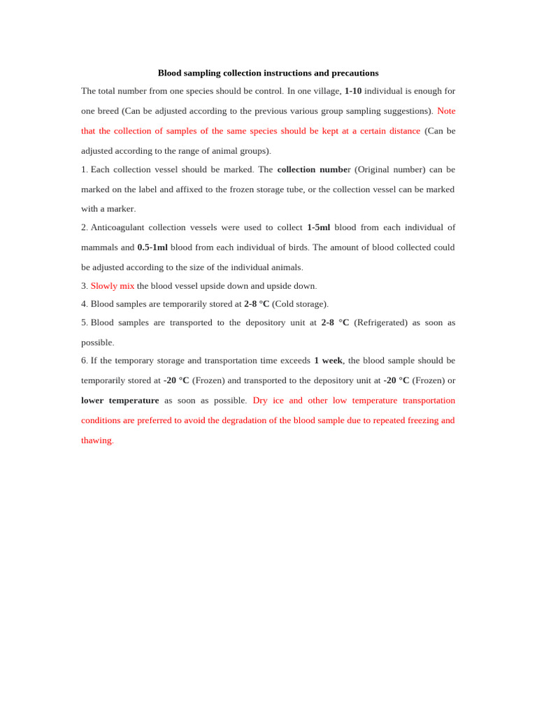 Blood Sampling Collection Instructions and Precautions | PDF