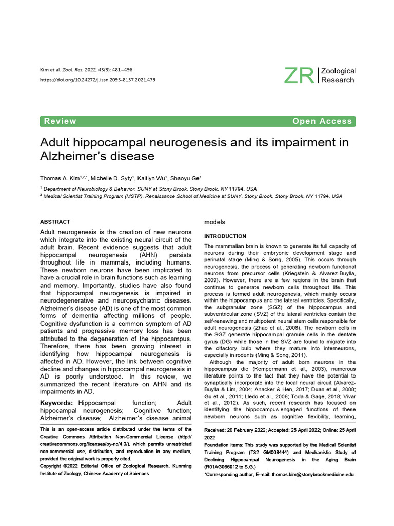 Adult Hippocampal Neurogenesis and Its Impairment in | PDF ...