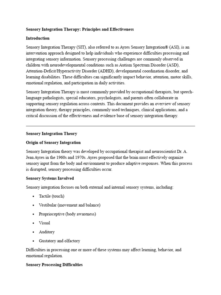 Sensory Integration Therapy Overview | PDF | Sensory Processing ...