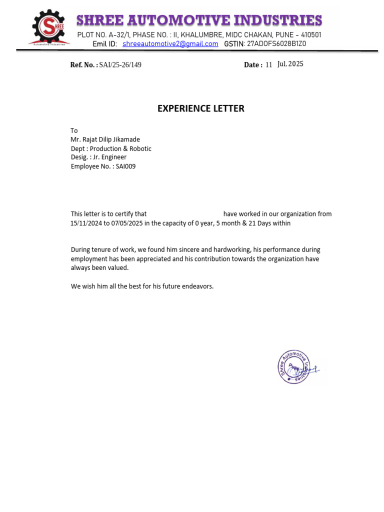 Shree Automotive Ind Experience Letter | PDF