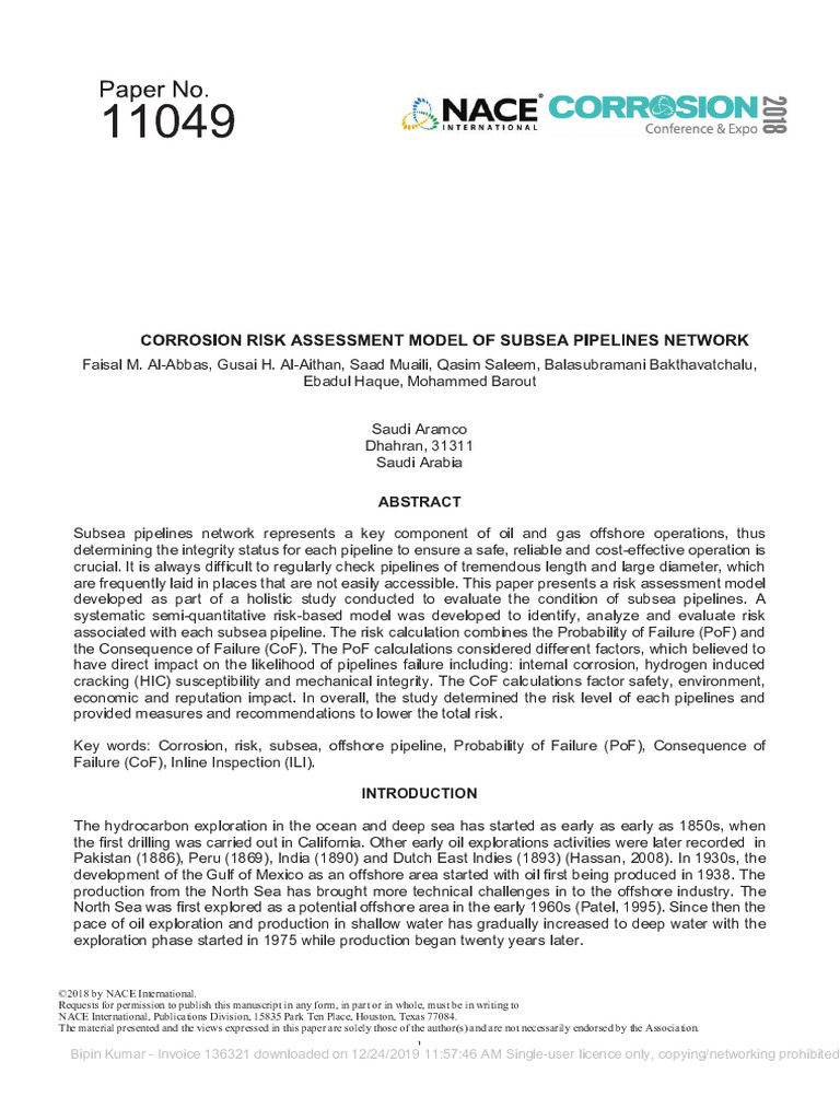 CORROSION RISK ASSESSMENT MODEL OF SUBSEA PIPELINES NETWORK | PDF