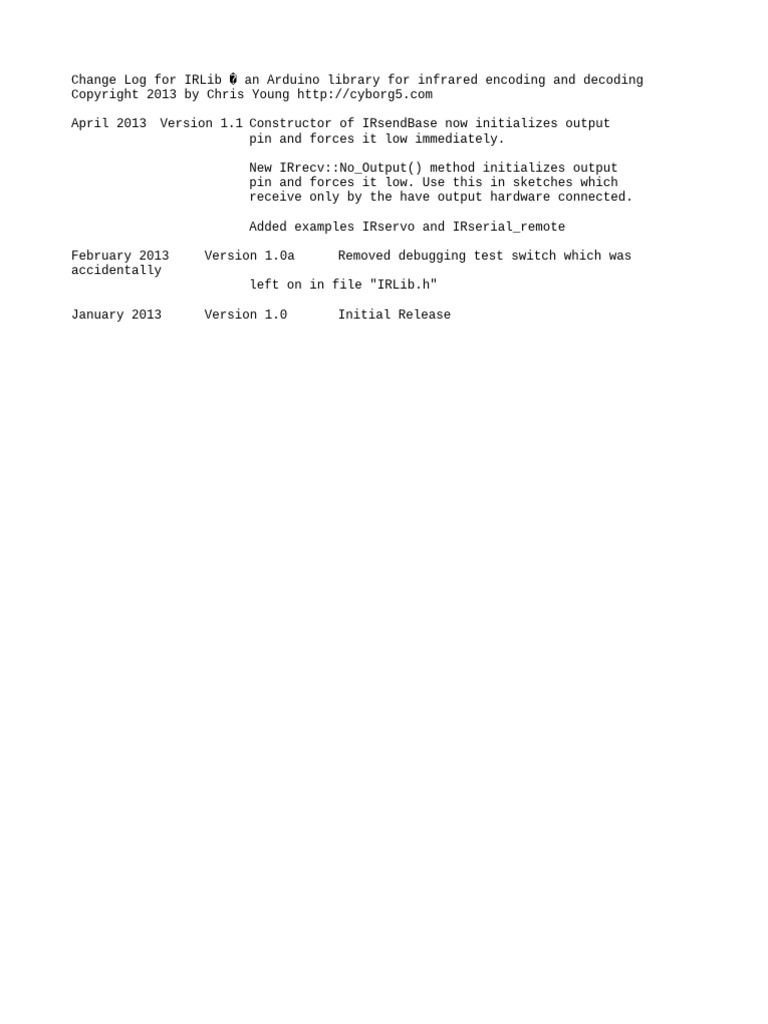 IRLib Change Log for Arduino Library | PDF