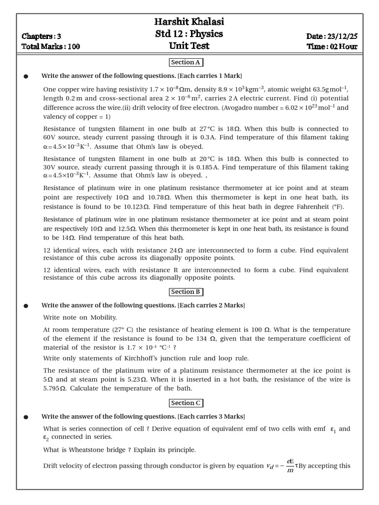Physics Unit Test for Std 12 Students | PDF | Electrical Resistivity ...