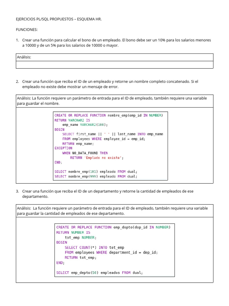 Ejercicios de Funciones y Procedimientos PL/SQL | PDF