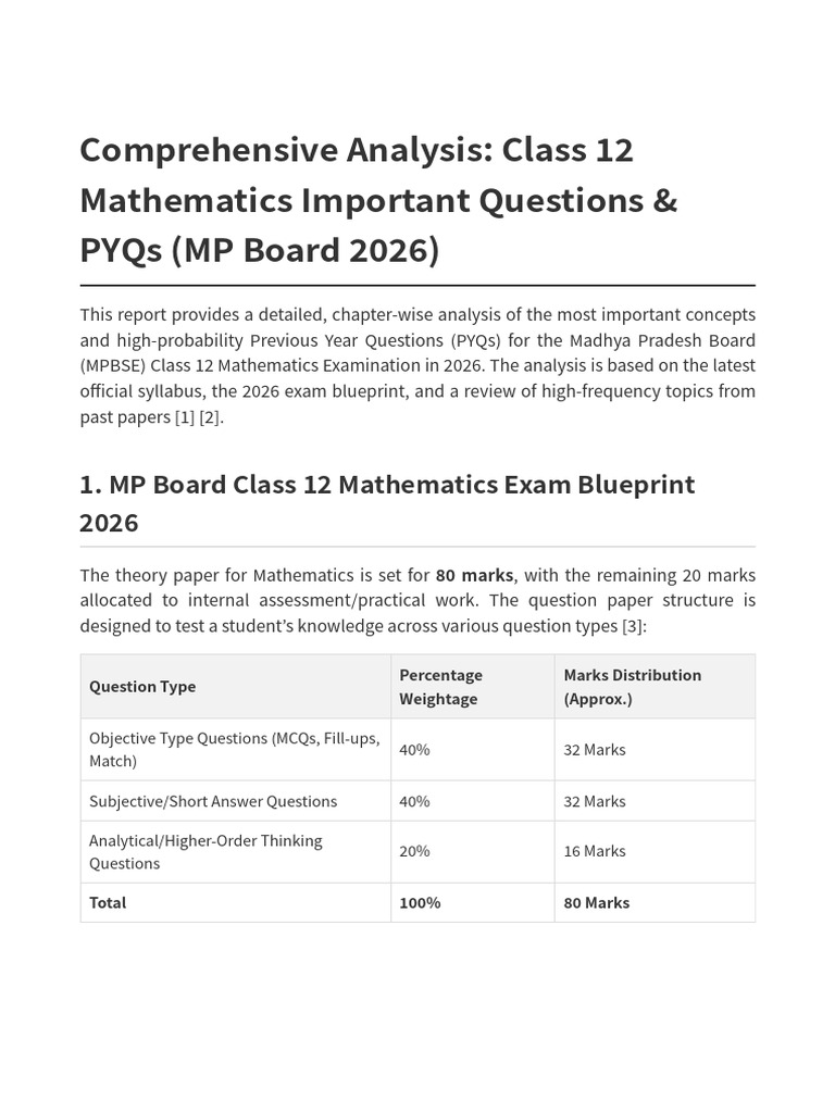 MP Board Class 12 Math PYQs 2026 Guide | PDF | Integral | Function ...
