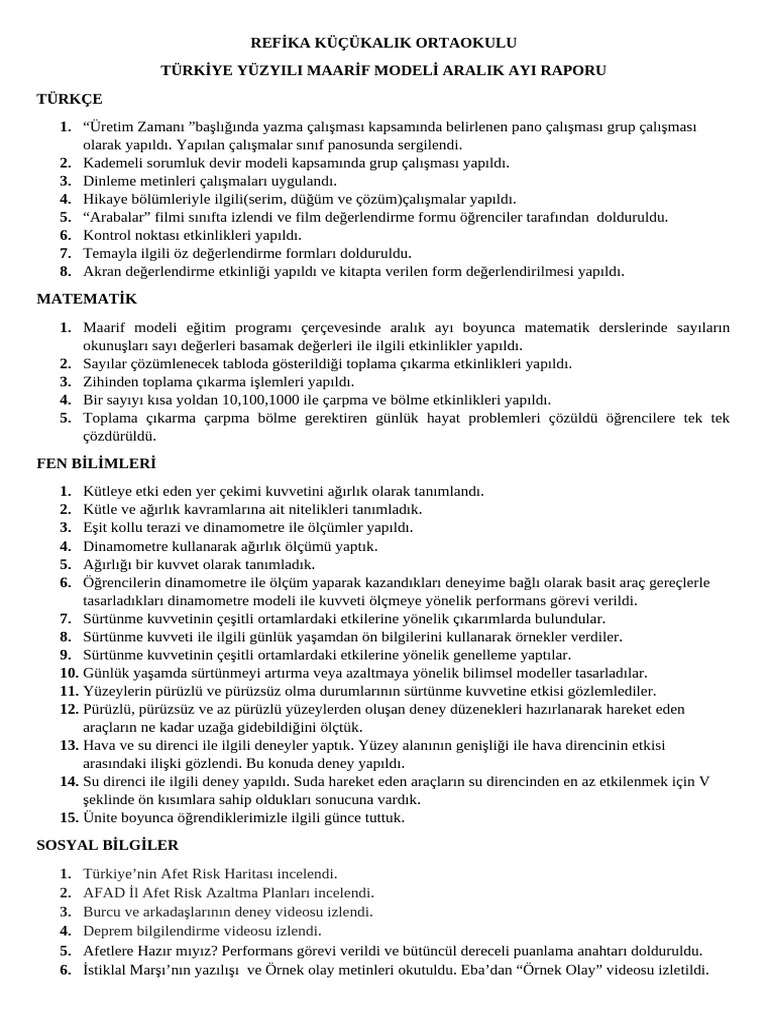 2024-2025 Maarif Modeli Aralık Ayı Faaliyet Ve Değerlendirme Raporu ...