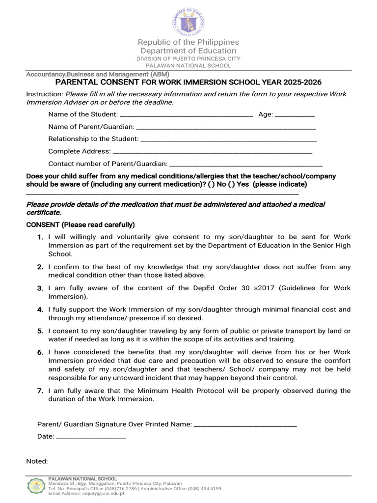 Parental Consent for Work Immersion 2025-2026 | PDF