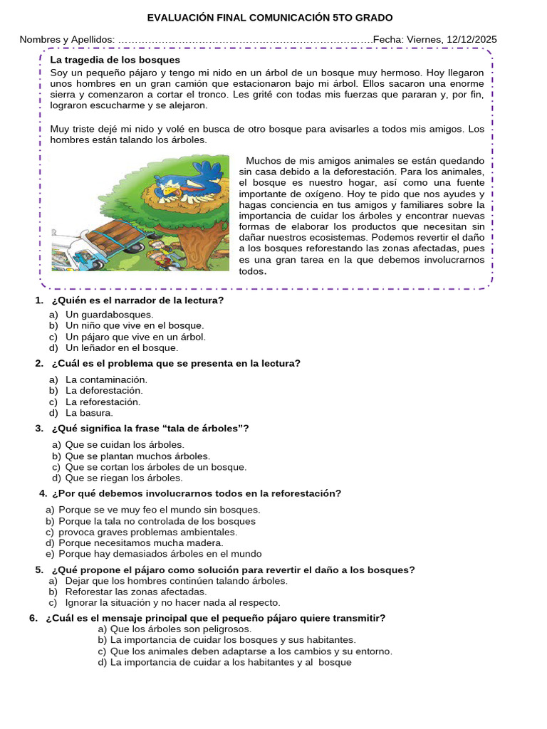 Evaluación de Comunicación 5to Grado | PDF