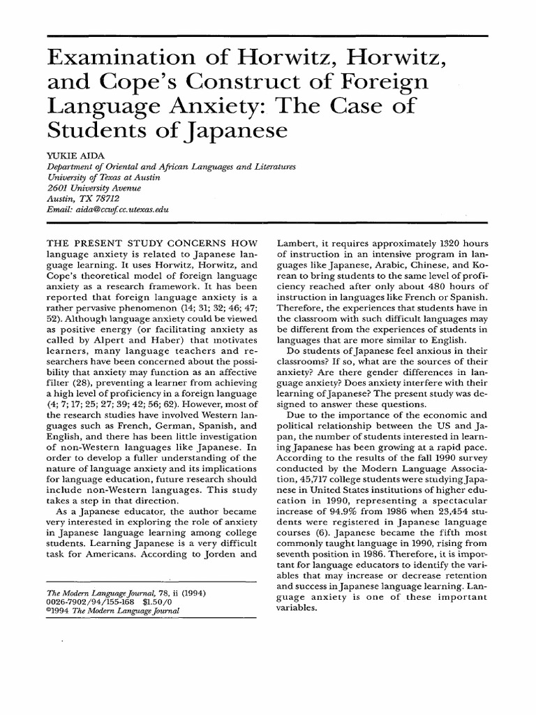 Foreign Language Anxiety in Japanese Learners | PDF | Anxiety | Fear
