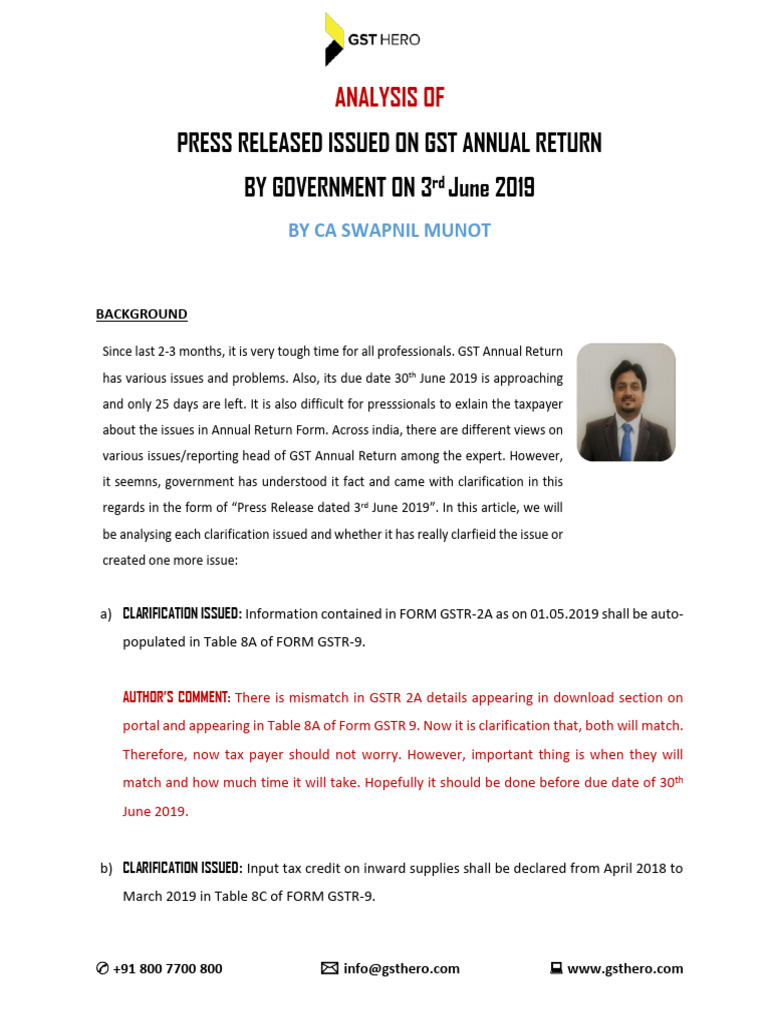 GST Annual Return Press Release Analysis | PDF | Taxes | Payments