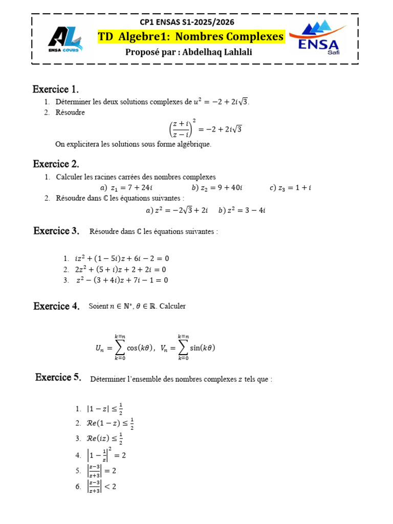 Exercices d'Algèbre sur Nombres Complexes | PDF | Nombre complexe ...