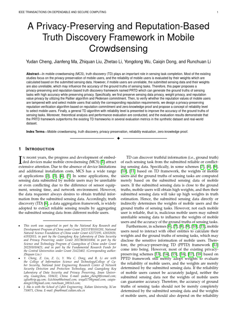 Privacy-Preserving Truth Discovery in MCS | PDF | Privacy | Reputation