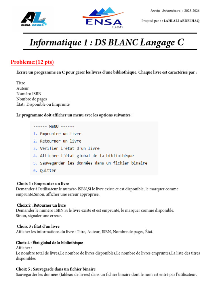 Programme C pour gestion de bibliothèque | PDF