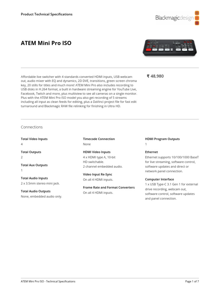 ATEM Mini Pro ISO Specifications Guide | PDF | Hdmi | Video