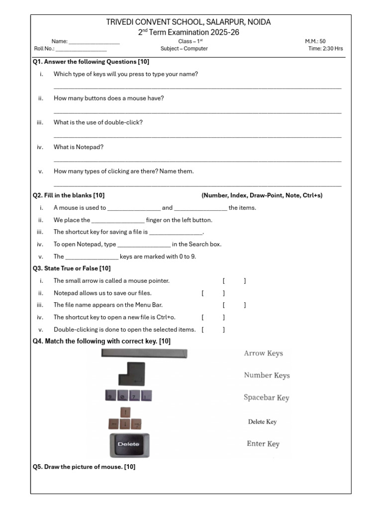 Class 1 Computer Exam Paper 2025-26 | PDF
