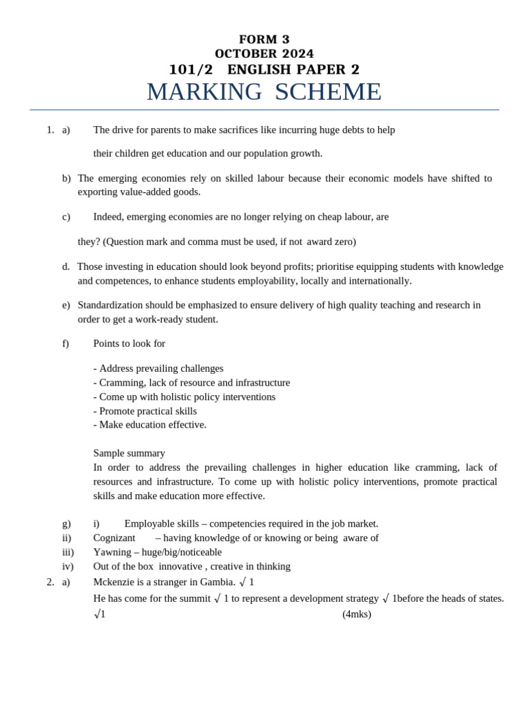English Paper 2 Marking Scheme 2024 | PDF
