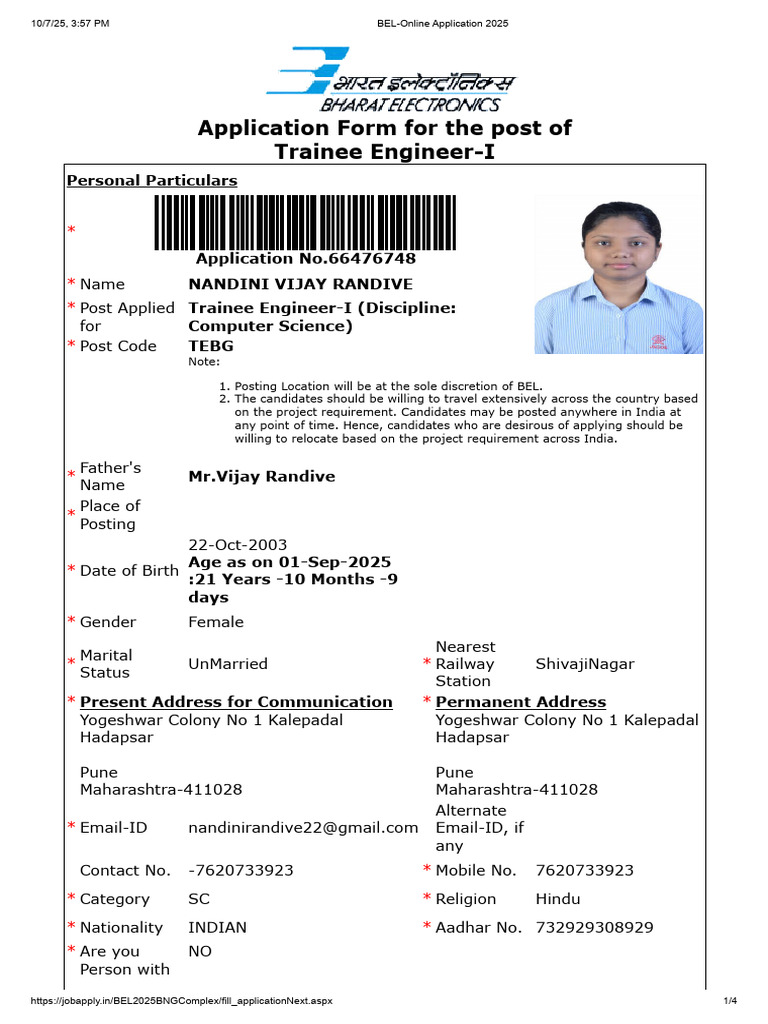 BEL Trainee Engineer-I Application Form | PDF