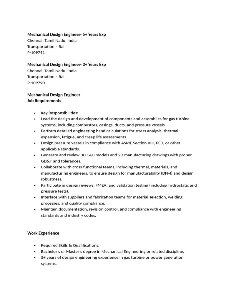 Mechanical Design Engineer Jobs in Chennai | PDF