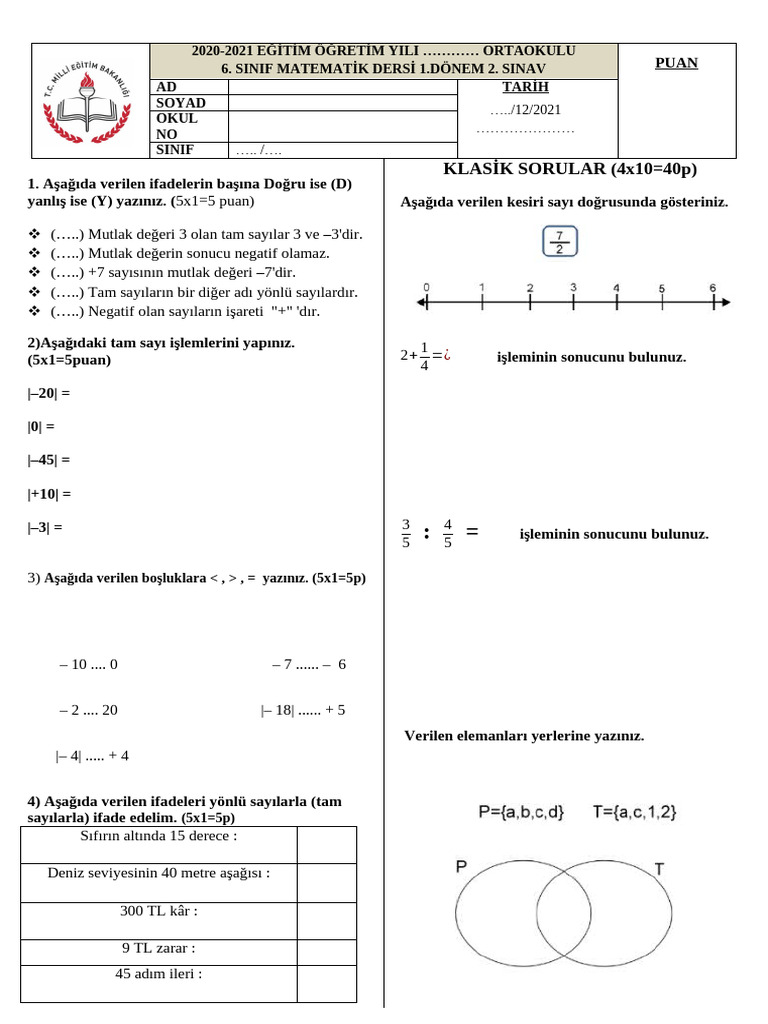 KLASİK SORULAR (4x10 40p) | PDF