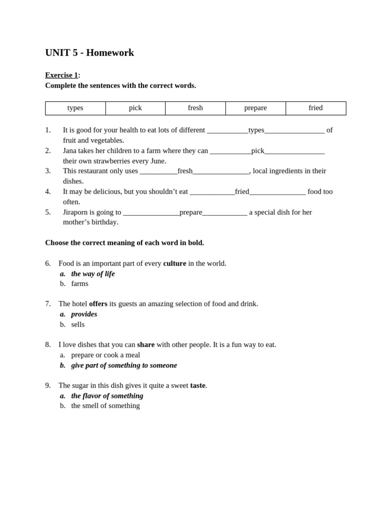 UNIT 5 - Homework (NN2) | PDF | Ginger | Taste