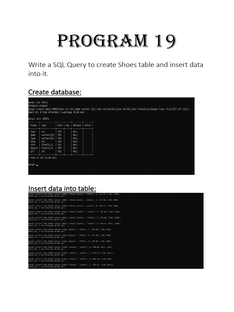 SQL Queries for Shoes Table Operations | PDF