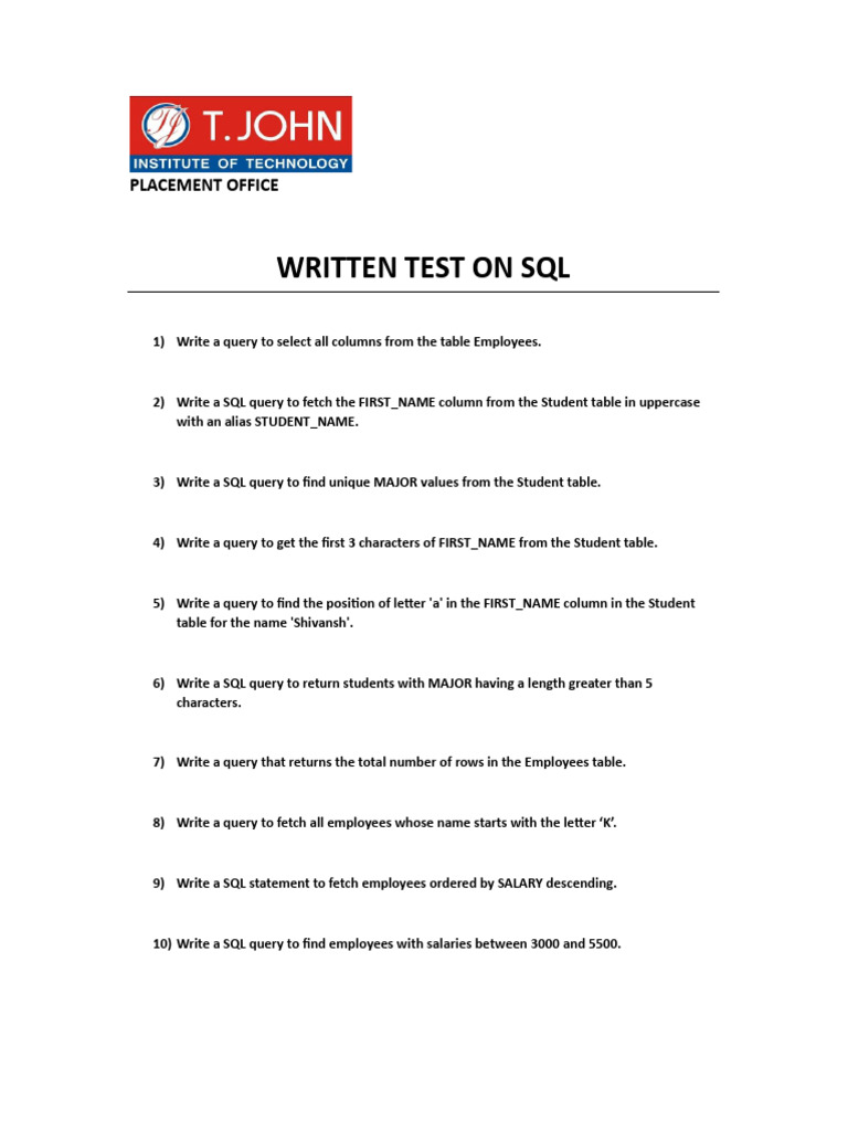 SQL Queries for Placement Test | PDF